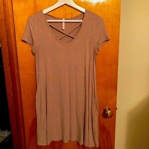 Tan T-Shirt Dress Boutique Lime n Chili Light Brown Criss Cross Flowy Shift